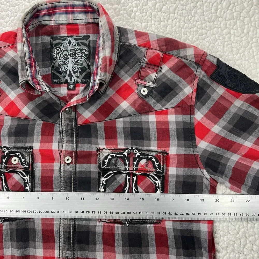 Roar‎ Buckle Button Up Shirt Mens Medium Red Black Plaid Y2K Western Embroidered
